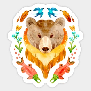 Pretty Grizzly Bear and Salmon Gouache Sticker